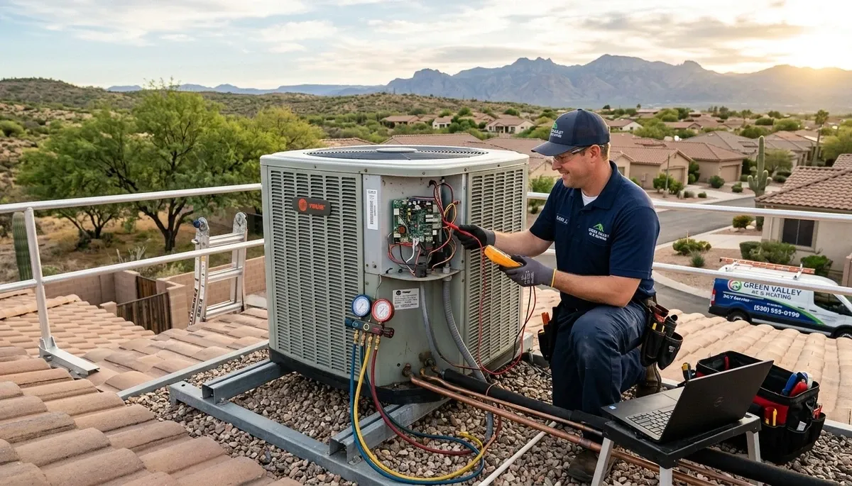 Professional AC repair technician servicing air conditioner unit in Tucson AZ home