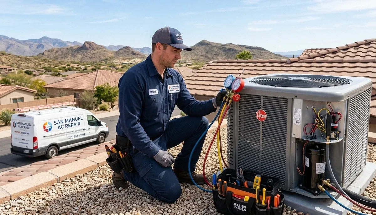 Professional AC repair technician servicing air conditioner unit in Tucson AZ