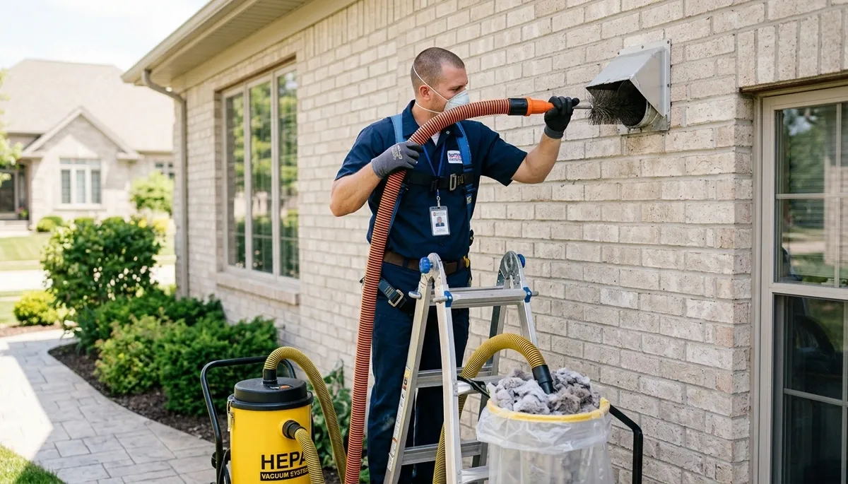 Technician cleaning residential dryer vent in Tucson AZ for Five Star Cooling efficiency service